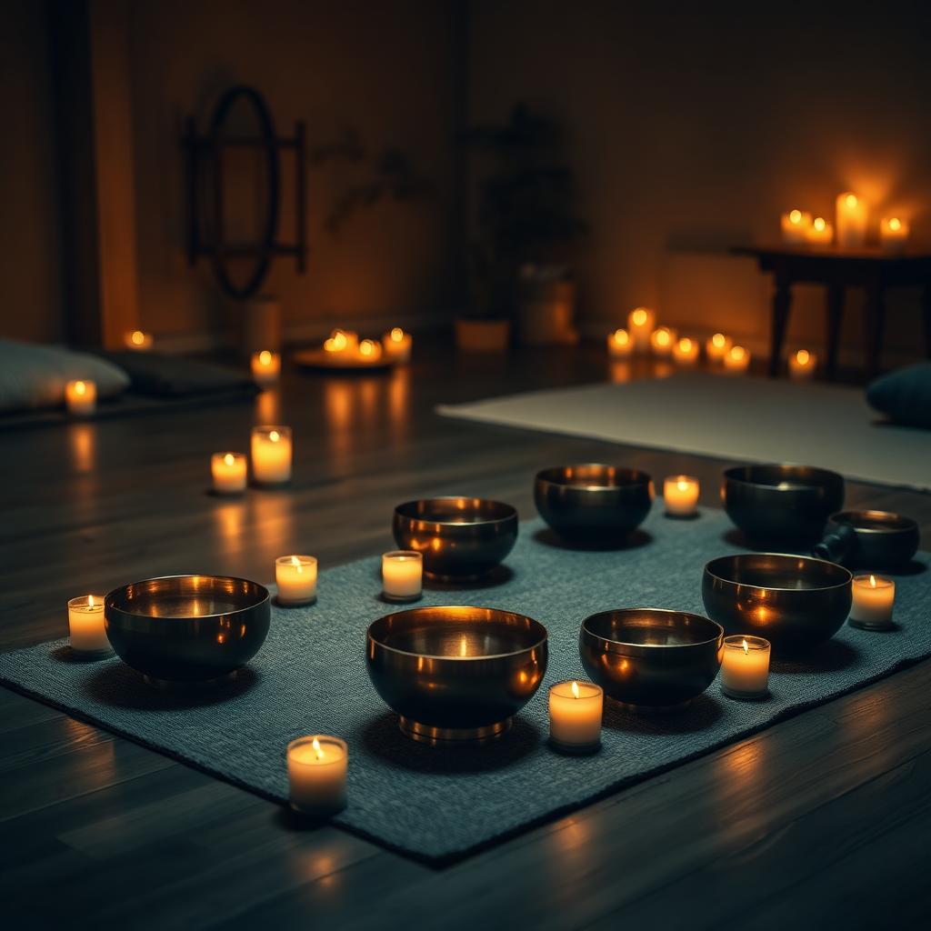 Sound bath ceremony with crystal singing bowls and candlelight at Studio MX Nuevo Vallarta